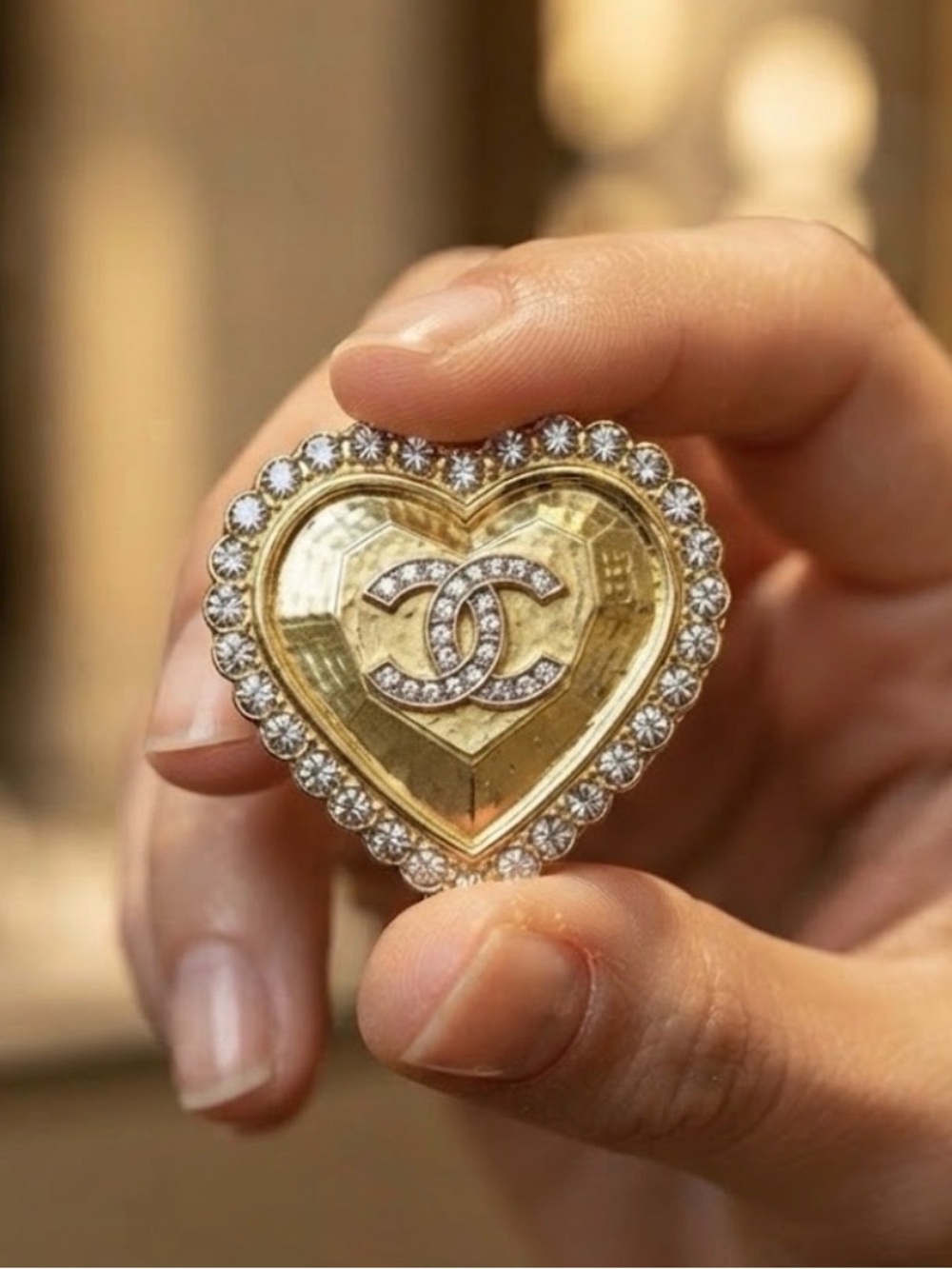 CHANEL Heart Logo Crystal Brooch